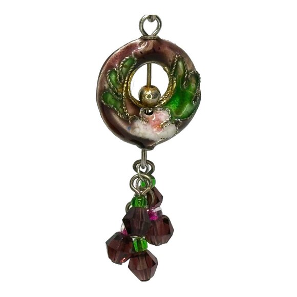 Floral Cloisonne French Hook Earrings Burgandy Green Pink Vintage 1.5" Drop EUC - Picture 4 of 6